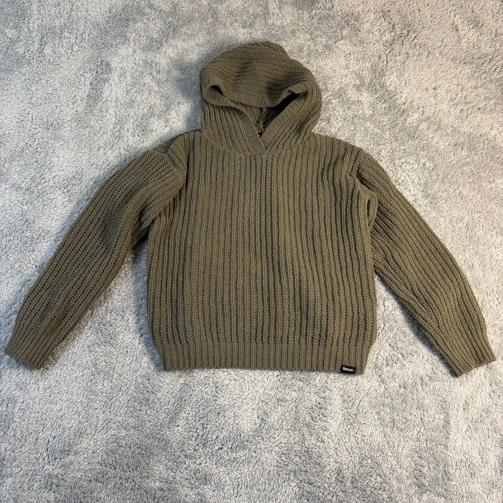 DKNY Toddler Boys Olive Green Ribbed Knit Chenille Hooded Sweater Size 4T